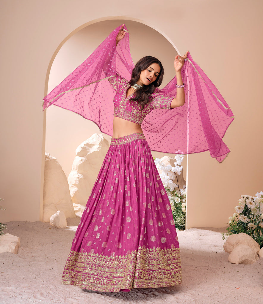 Mulberry Pink Designer Embroidered Jacquard Silk Wedding Lehenga-Saira's Boutique