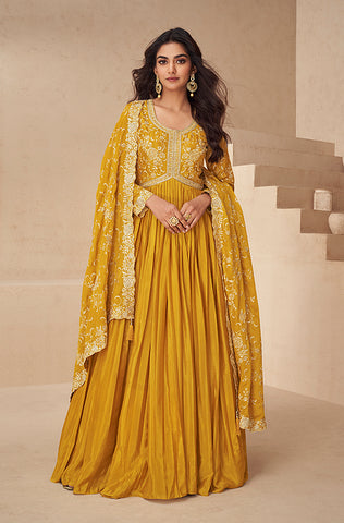 Yellow Designer Embroidered Haldi Outfits Anarkali Suit