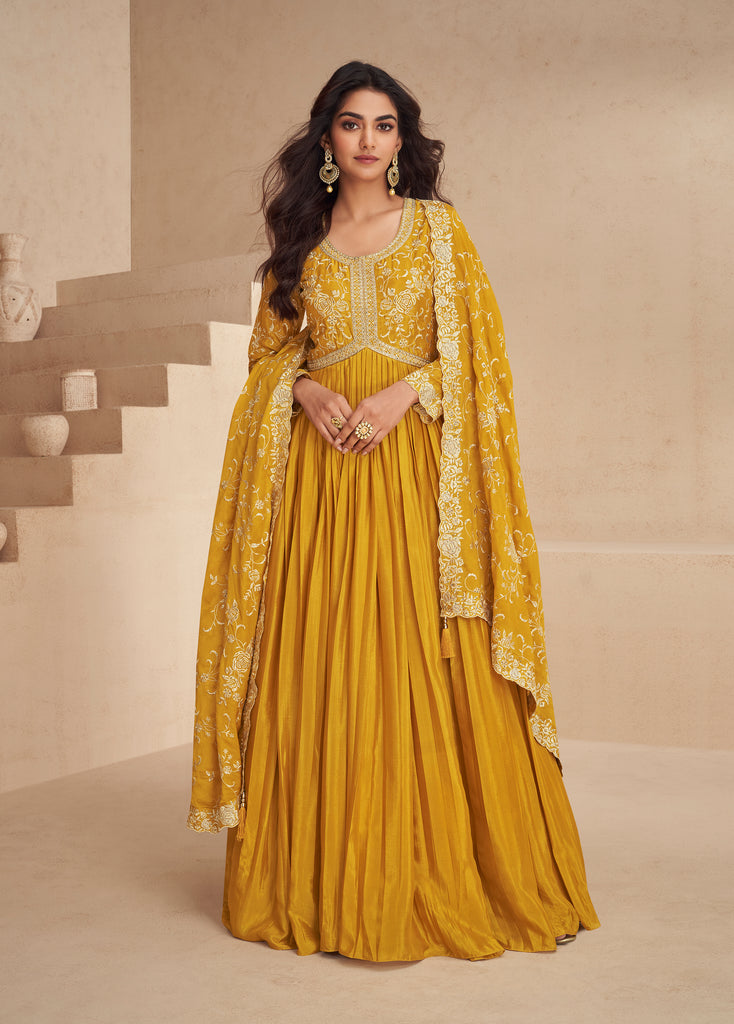 Mustard Designer Embroidered Chinon Silk Party Wear Anarkali Suit-Saira's Boutique