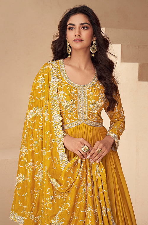 Mustard Designer Embroidered Chinon Silk Party Wear Anarkali Suit-Saira's Boutique