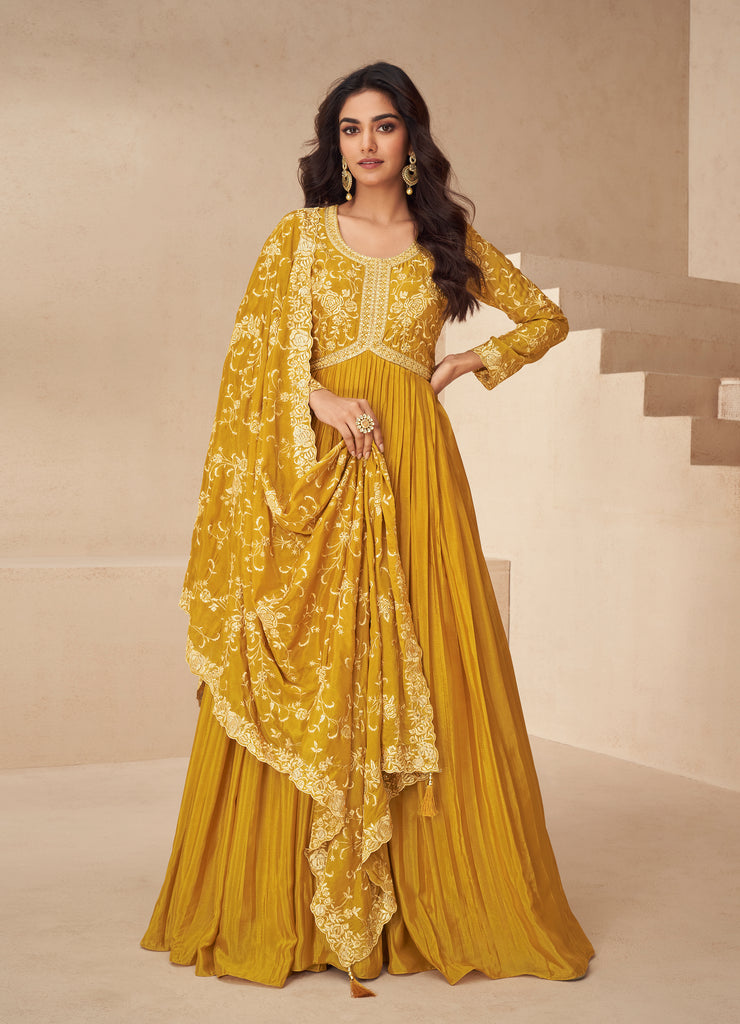 Mustard Designer Embroidered Chinon Silk Party Wear Anarkali Suit-Saira's Boutique