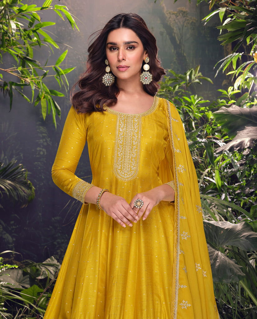 Mustard Designer Embroidered Jacquard Silk Anarkali Style Palazzo Suit-Saira's Boutique