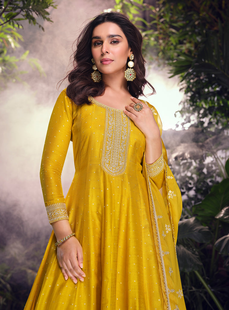 Mustard Designer Embroidered Jacquard Silk Anarkali Style Palazzo Suit-Saira's Boutique