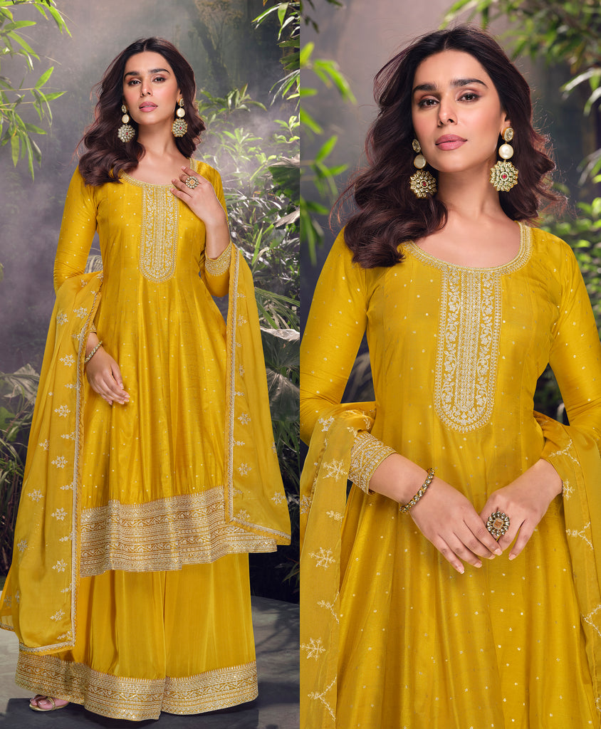 Mustard Designer Embroidered Jacquard Silk Anarkali Style Palazzo Suit-Saira's Boutique