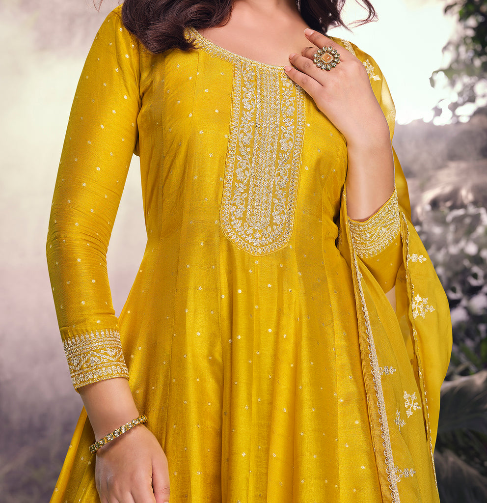 Mustard Designer Embroidered Jacquard Silk Anarkali Style Palazzo Suit-Saira's Boutique