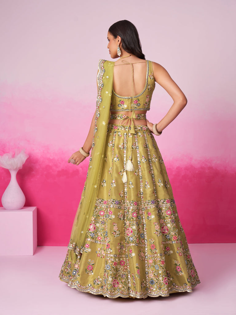 Mustard Designer Embroidered Wedding Bridal Net Lehenga Choli-Saira's Boutique
