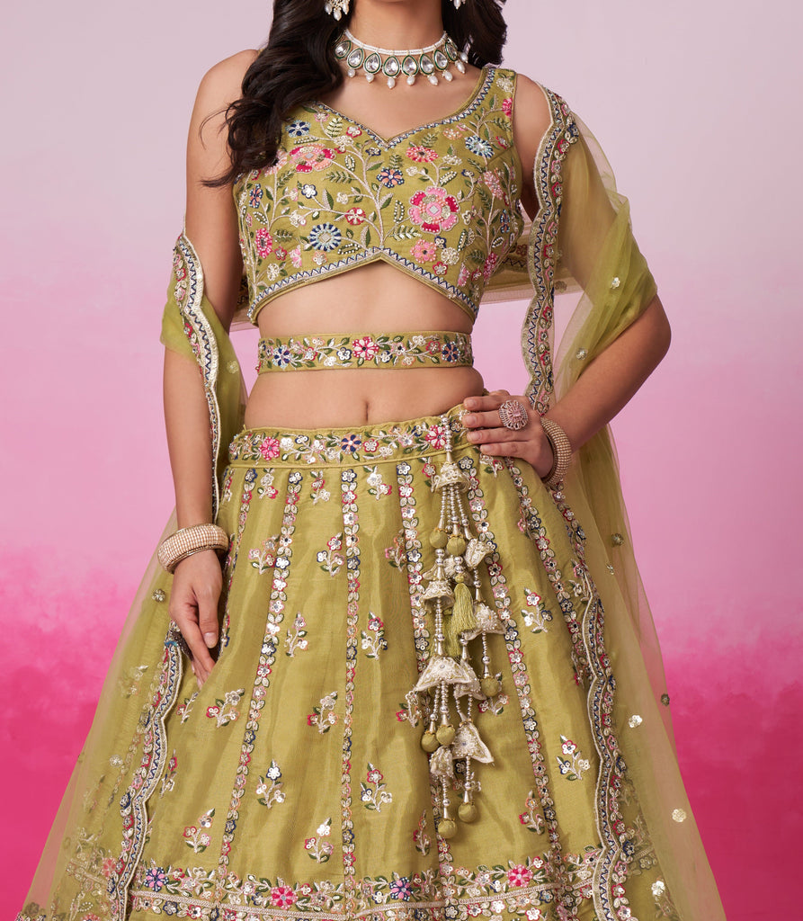 Mustard Designer Embroidered Wedding Bridal Net Lehenga Choli-Saira's Boutique