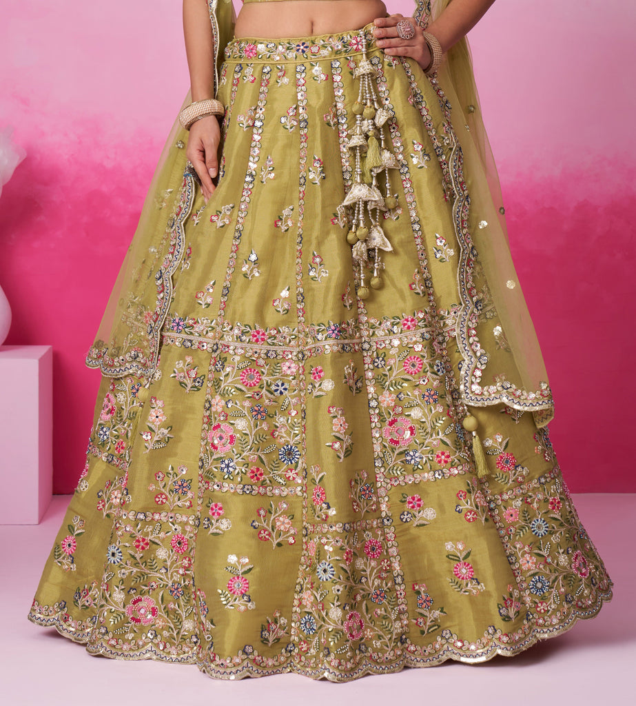 Mustard Designer Embroidered Wedding Bridal Net Lehenga Choli-Saira's Boutique