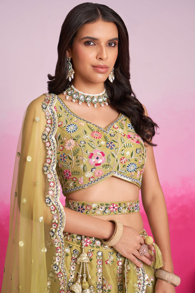 Mustard Designer Embroidered Wedding Bridal Net Lehenga Choli-Saira's Boutique