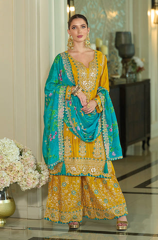 Winter Green Designer Embroidered Chinon Silk Party Wear Palazzo Suit