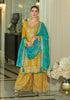 Mustard & Sea Green Designer Embroidered Chinon Silk Wedding Sharara Suit-Saira's Boutique
