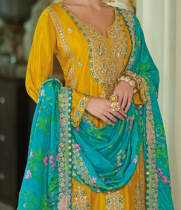 Mustard & Sea Green Designer Embroidered Chinon Silk Wedding Sharara Suit-Saira's Boutique