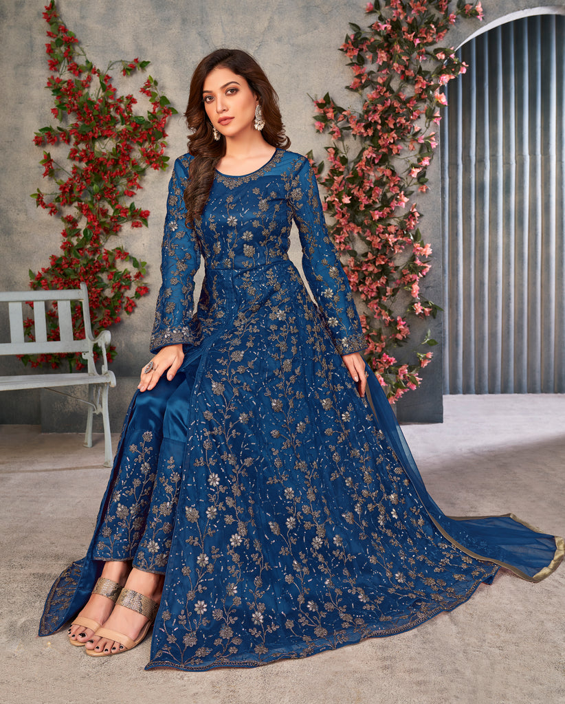 Navy Blue Designer Heavy Embroidered Net Party Wear Anarkali Gown-Saira's Boutique