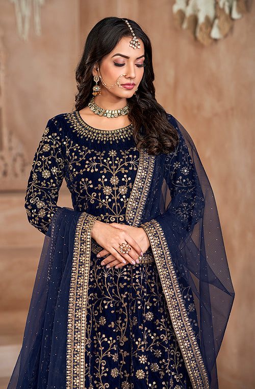 Navy Blue Designer Heavy Embroidered Velvet Anarkali Suit-Saira's Boutique