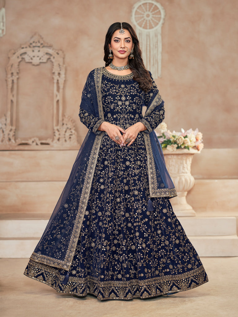 Navy Blue Designer Heavy Embroidered Velvet Anarkali Suit-Saira's Boutique