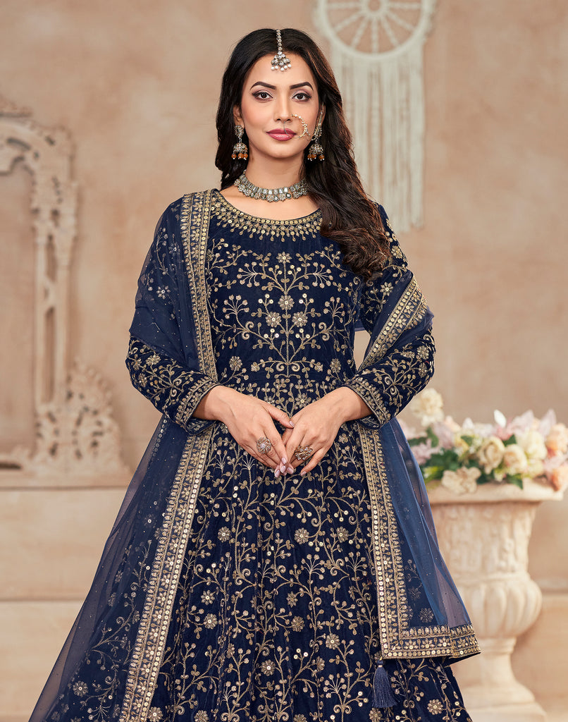 Navy Blue Designer Heavy Embroidered Velvet Anarkali Suit-Saira's Boutique