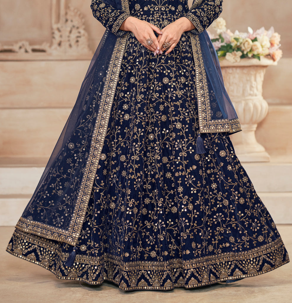 Navy Blue Designer Heavy Embroidered Velvet Anarkali Suit-Saira's Boutique