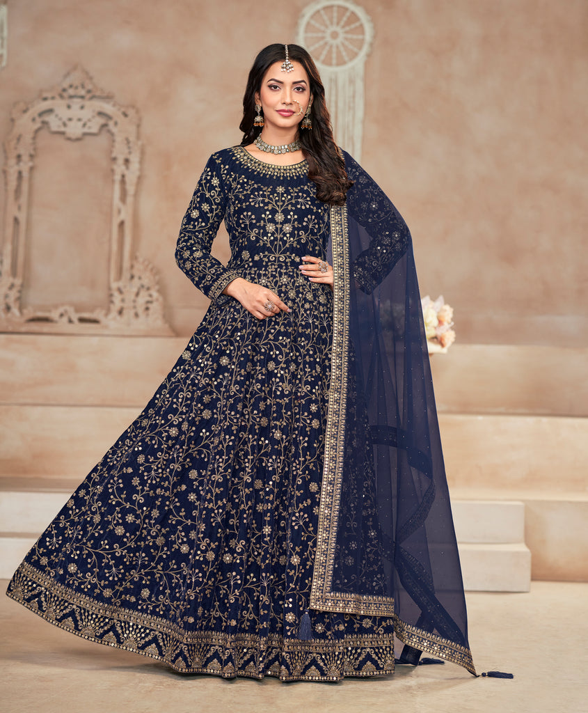 Navy Blue Designer Heavy Embroidered Velvet Anarkali Suit-Saira's Boutique