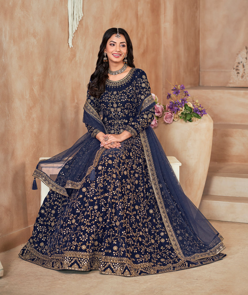 Navy Blue Designer Heavy Embroidered Velvet Anarkali Suit-Saira's Boutique