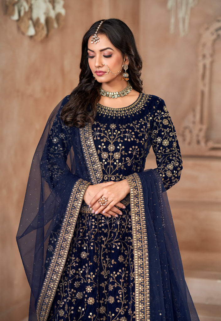 Navy Blue Designer Heavy Embroidered Velvet Anarkali Suit-Saira's Boutique