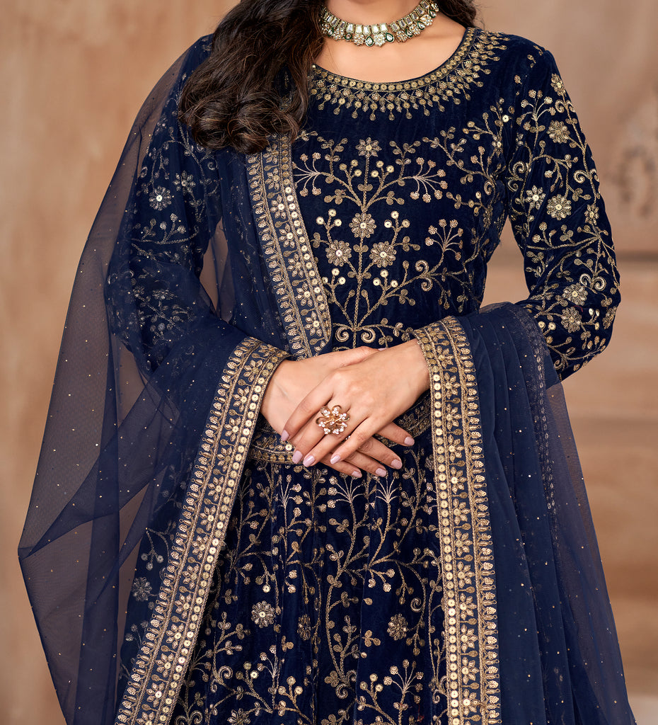 Navy Blue Designer Heavy Embroidered Velvet Anarkali Suit-Saira's Boutique