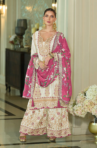 Winter Green Designer Embroidered Chinon Silk Party Wear Palazzo Suit