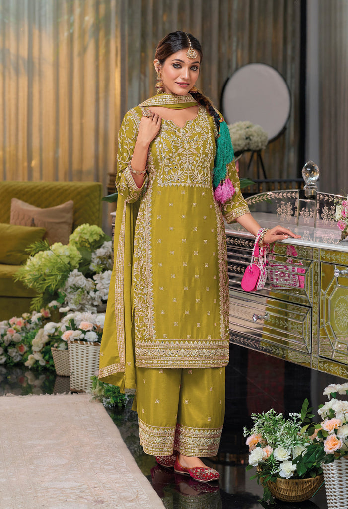 Olive Designer Embroidered Chinon Silk Party Wear Palazzo Suit-Saira's Boutique