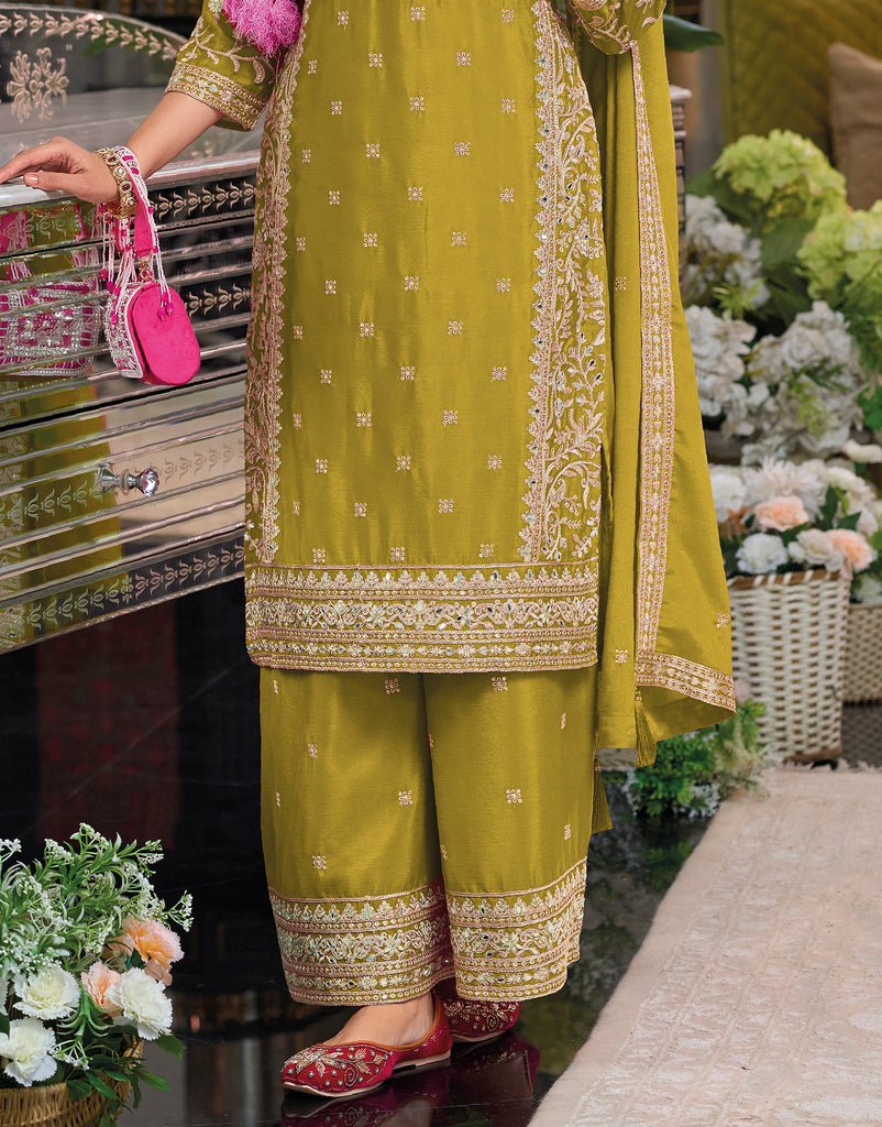 Olive Designer Embroidered Chinon Silk Party Wear Palazzo Suit-Saira's Boutique