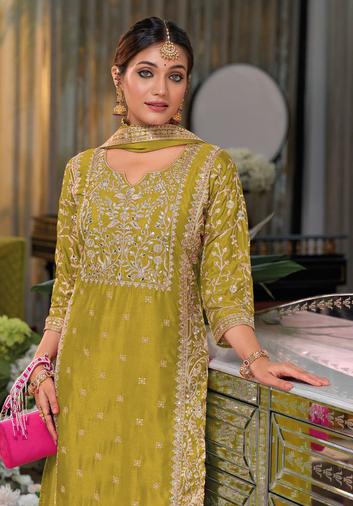 Olive Designer Embroidered Chinon Silk Party Wear Palazzo Suit-Saira's Boutique