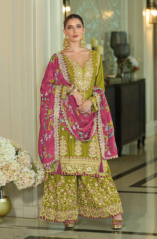 Winter Green Designer Embroidered Chinon Silk Party Wear Palazzo Suit