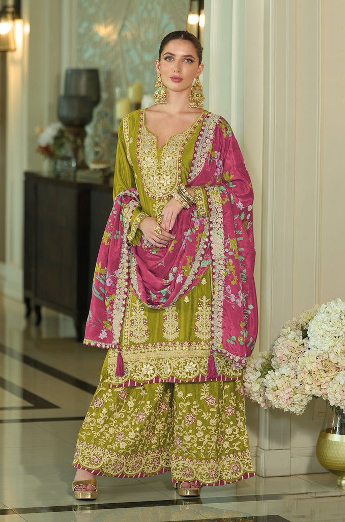 Olive Green & Magenta Designer Embroidered Chinon Silk Wedding Sharara Suit-Saira's Boutique