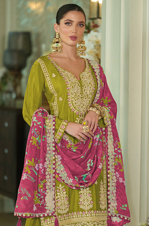 Olive Green & Magenta Designer Embroidered Chinon Silk Wedding Sharara Suit-Saira's Boutique