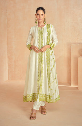 Olive Designer Embroidered Chinon Silk Party Wear Palazzo Suit