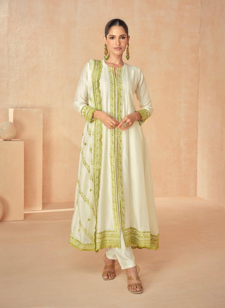 Olive Green & Off White Designer Embroidered Premium Silk Salwar Suit-Saira's Boutique