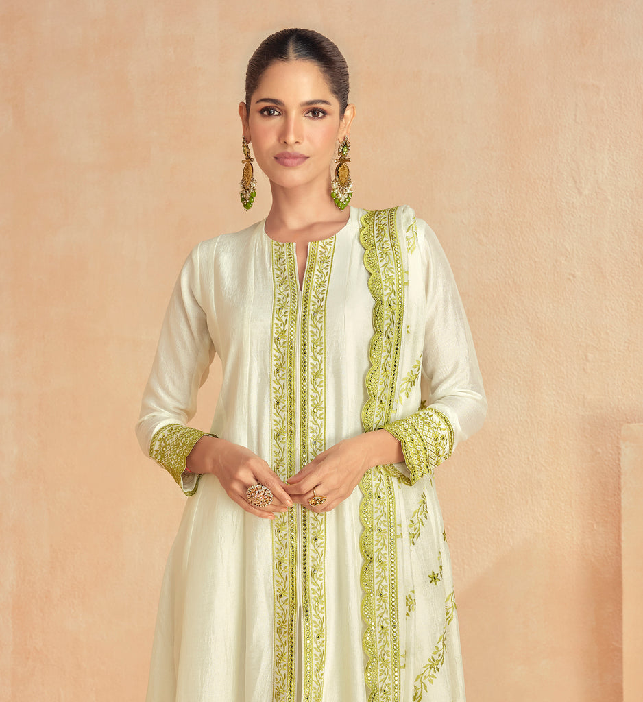 Olive Green & Off White Designer Embroidered Premium Silk Salwar Suit-Saira's Boutique