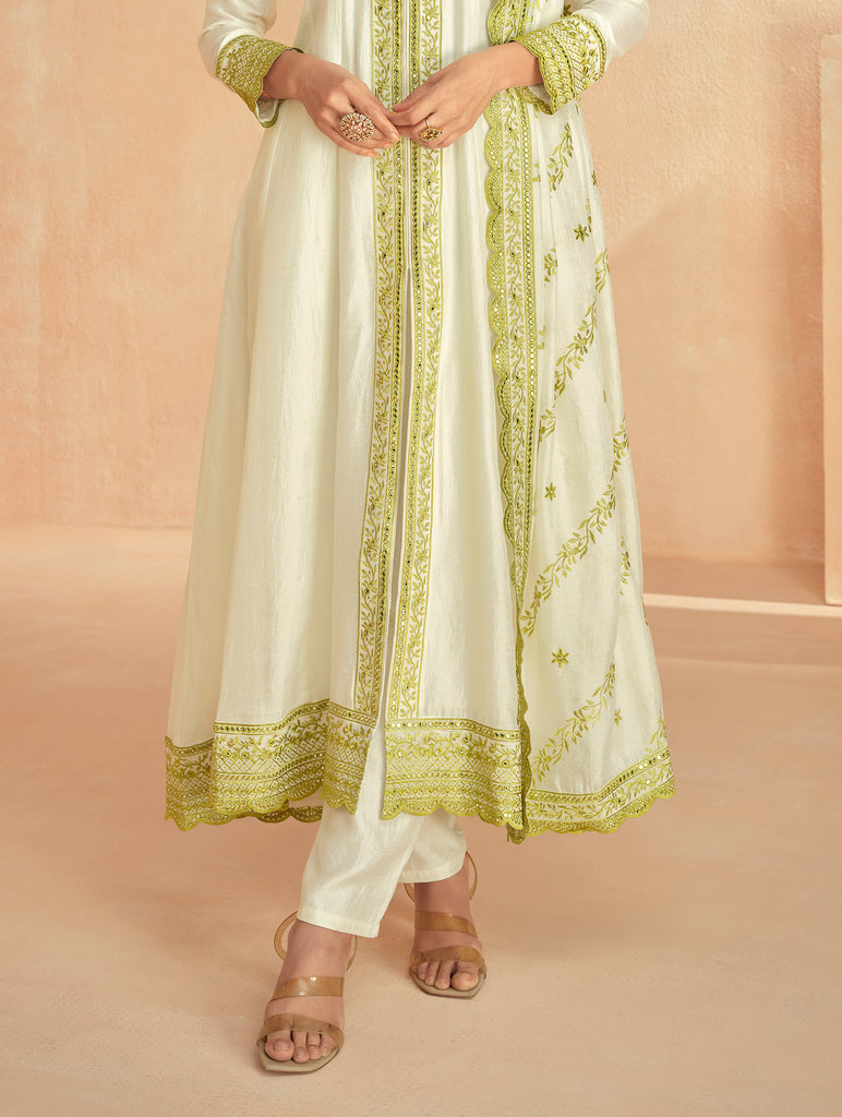 Olive Green & Off White Designer Embroidered Premium Silk Salwar Suit-Saira's Boutique