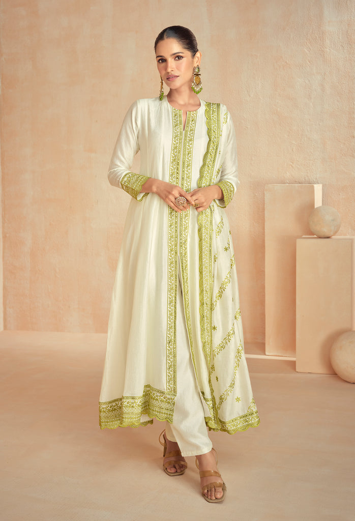 Olive Green & Off White Designer Embroidered Premium Silk Salwar Suit-Saira's Boutique