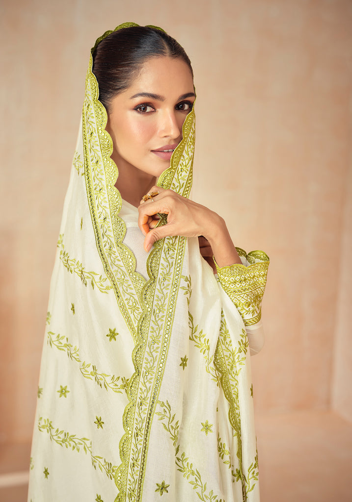 Olive Green & Off White Designer Embroidered Premium Silk Salwar Suit-Saira's Boutique