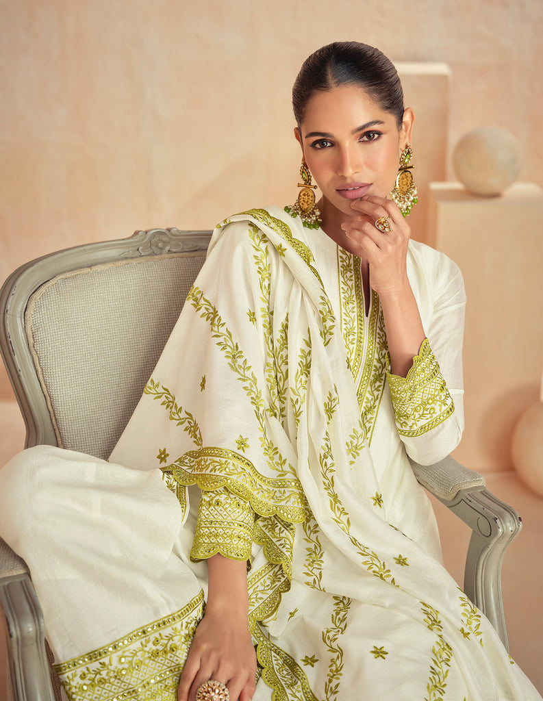 Olive Green & Off White Designer Embroidered Premium Silk Salwar Suit-Saira's Boutique