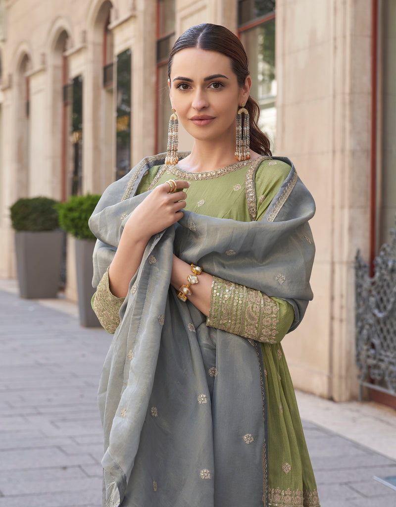 Olive Green & Sage Gray Designer Embroidered Party Wear Sharara Suit-Saira's Boutique