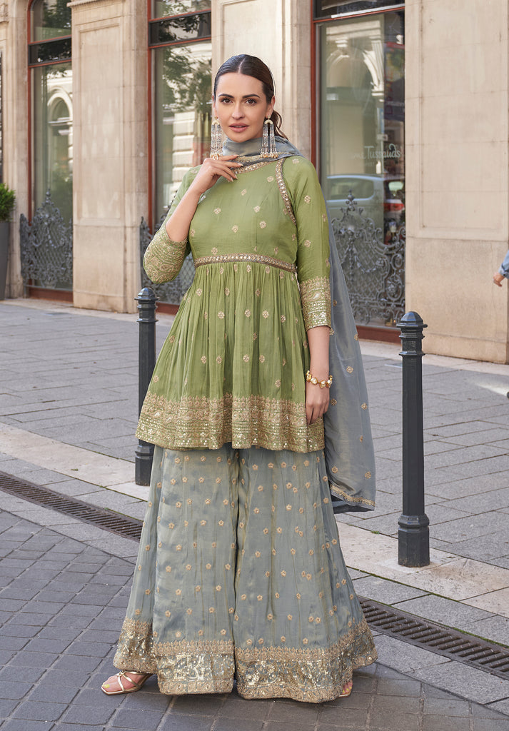 Olive Green & Sage Gray Designer Embroidered Party Wear Sharara Suit-Saira's Boutique