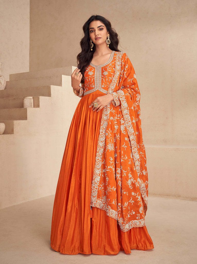 Orange Designer Embroidered Chinon Silk Party Wear Anarkali Suit-Saira's Boutique