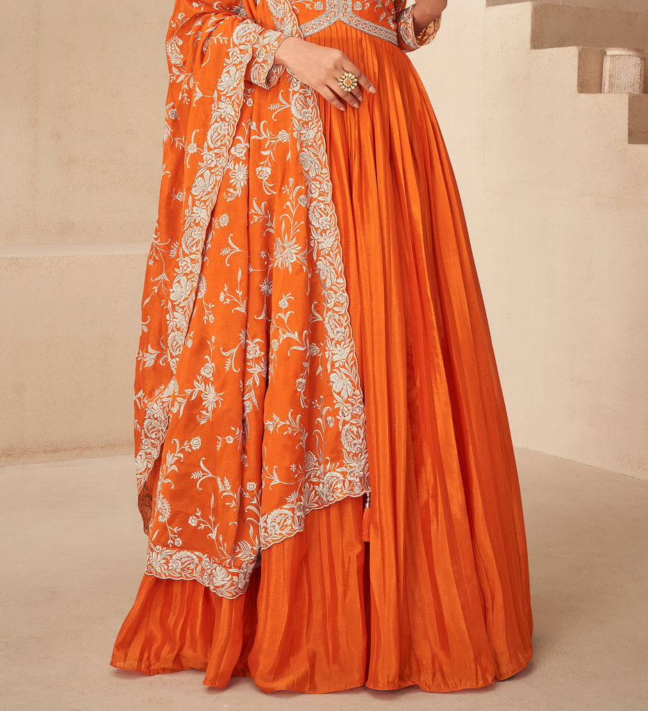 Orange Designer Embroidered Chinon Silk Party Wear Anarkali Suit-Saira's Boutique