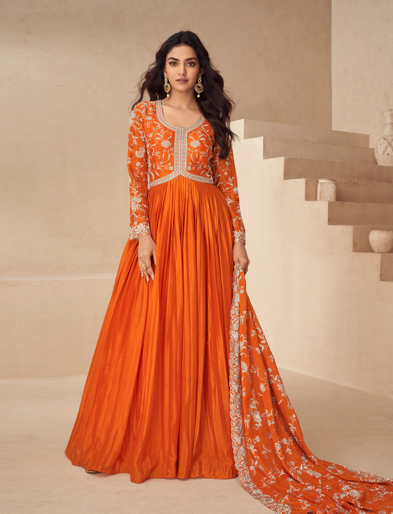 Orange Designer Embroidered Chinon Silk Party Wear Anarkali Suit-Saira's Boutique