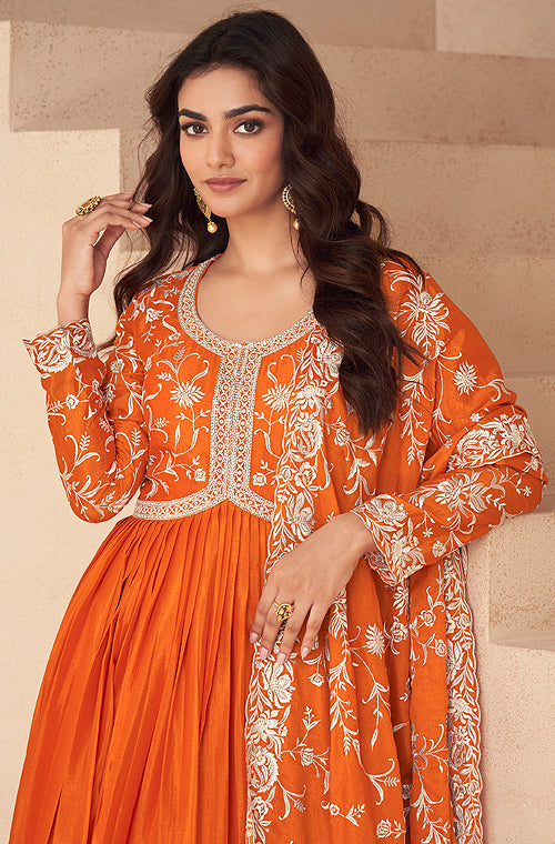 Orange Designer Embroidered Chinon Silk Party Wear Anarkali Suit-Saira's Boutique