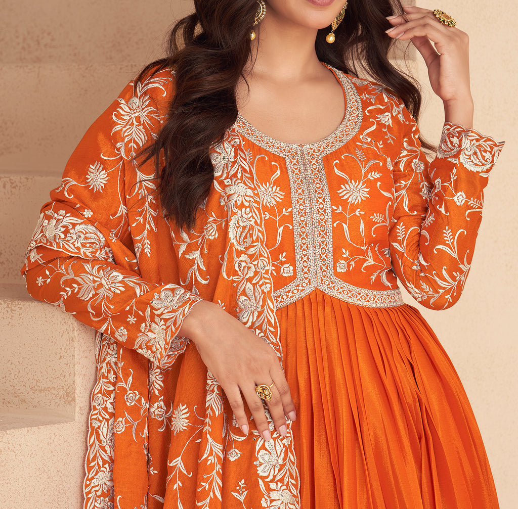 Orange Designer Embroidered Chinon Silk Party Wear Anarkali Suit-Saira's Boutique