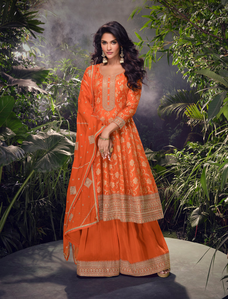 Orange Designer Embroidered Jacquard Silk Anarkali Style Palazzo Suit-Saira's Boutique