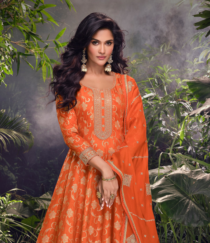 Orange Designer Embroidered Jacquard Silk Anarkali Style Palazzo Suit-Saira's Boutique