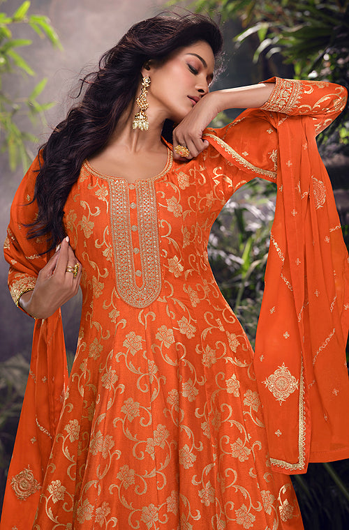 Orange Designer Embroidered Jacquard Silk Anarkali Style Palazzo Suit-Saira's Boutique