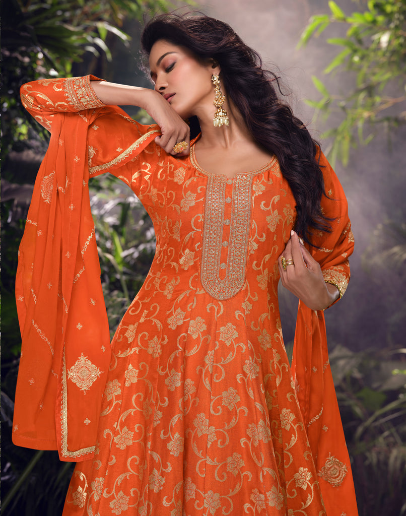 Orange Designer Embroidered Jacquard Silk Anarkali Style Palazzo Suit-Saira's Boutique